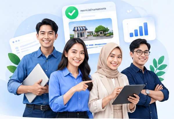 Empat anggota tim tersenyum di depan kartu profil resmi.id/namabisnis bercentang hijau dan grafik pertumbuhan.
