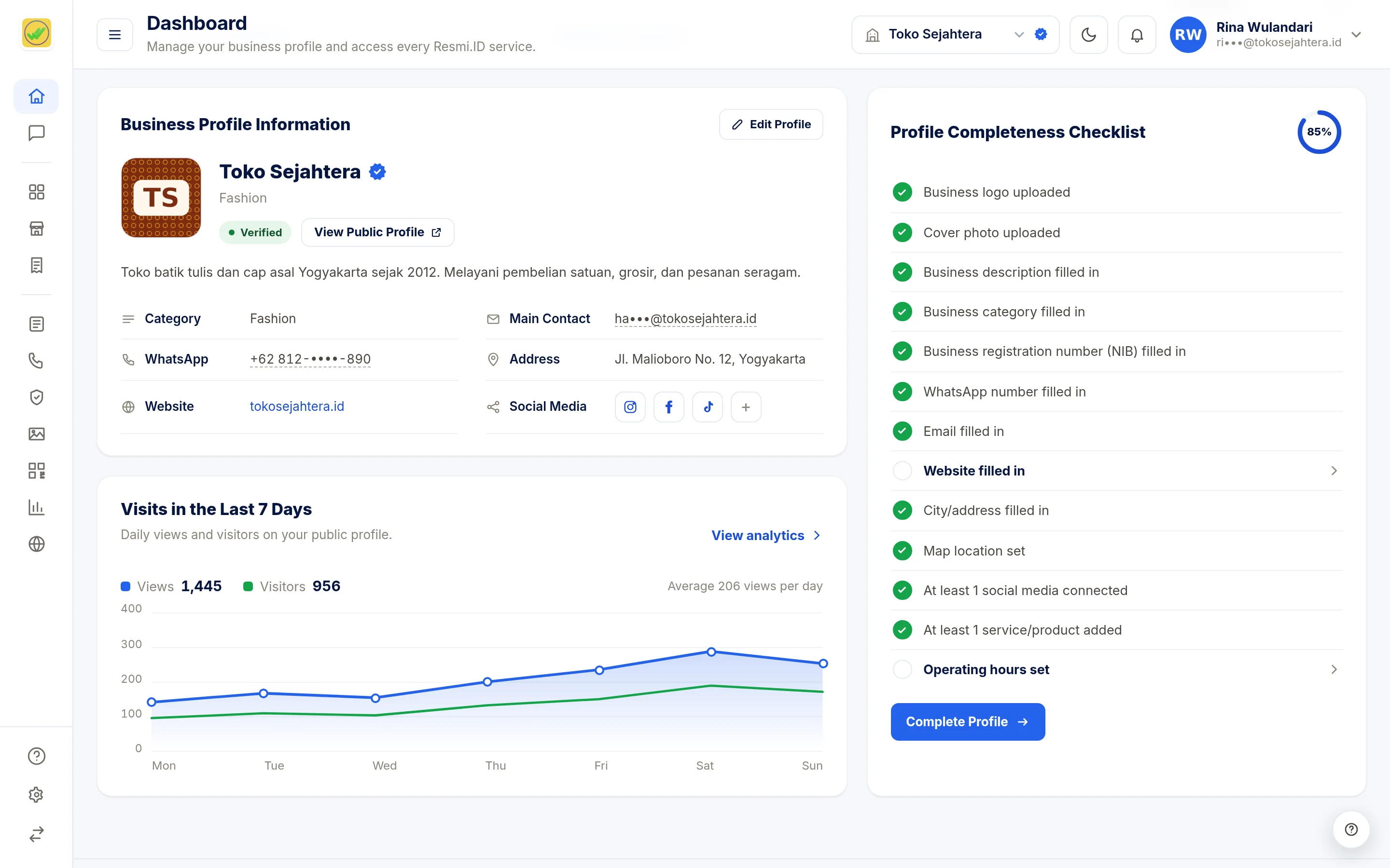 Screenshot of the page Dashboard — Profile, chart & checklist