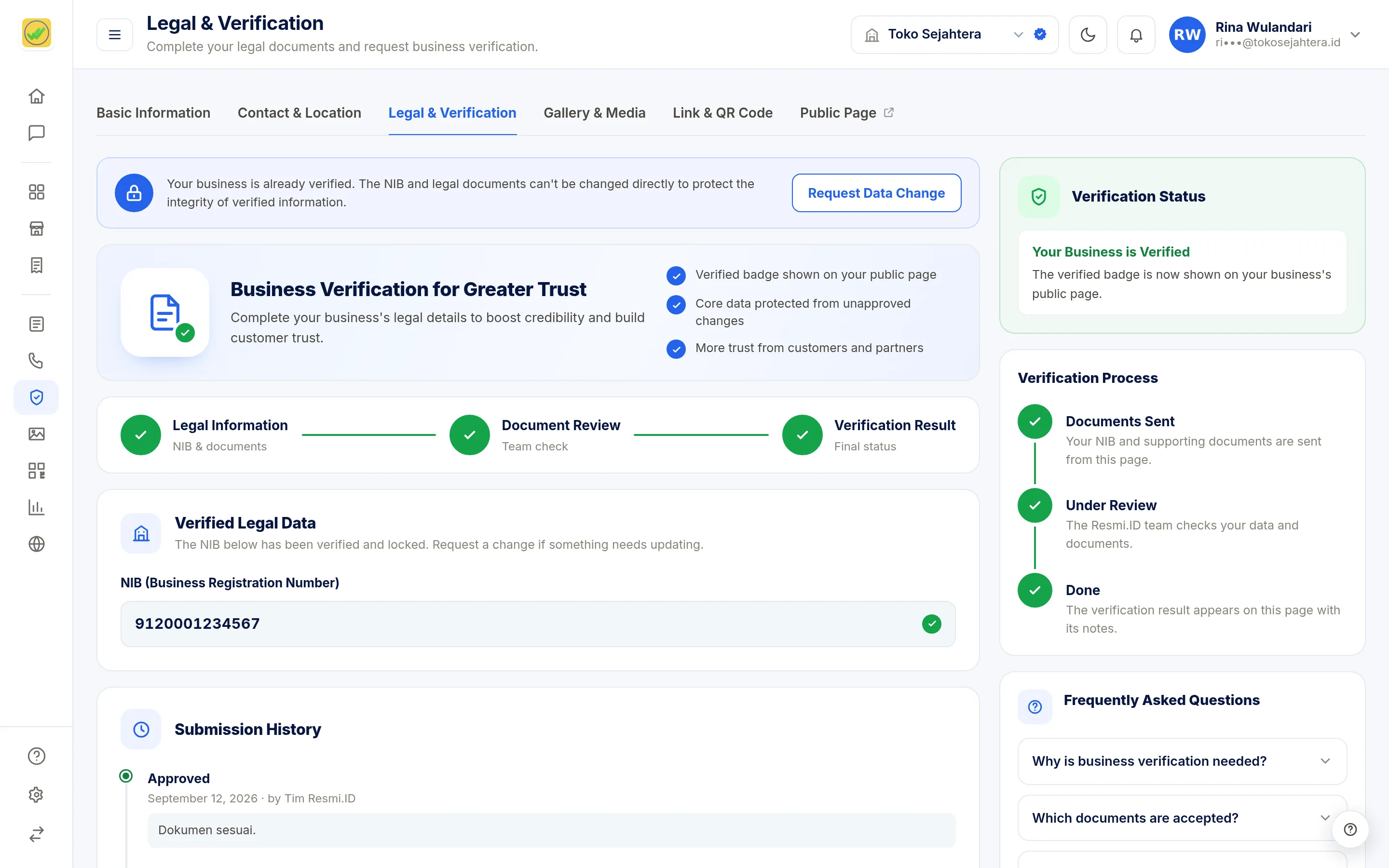 Screenshot of the page Legal & Verification — Verified