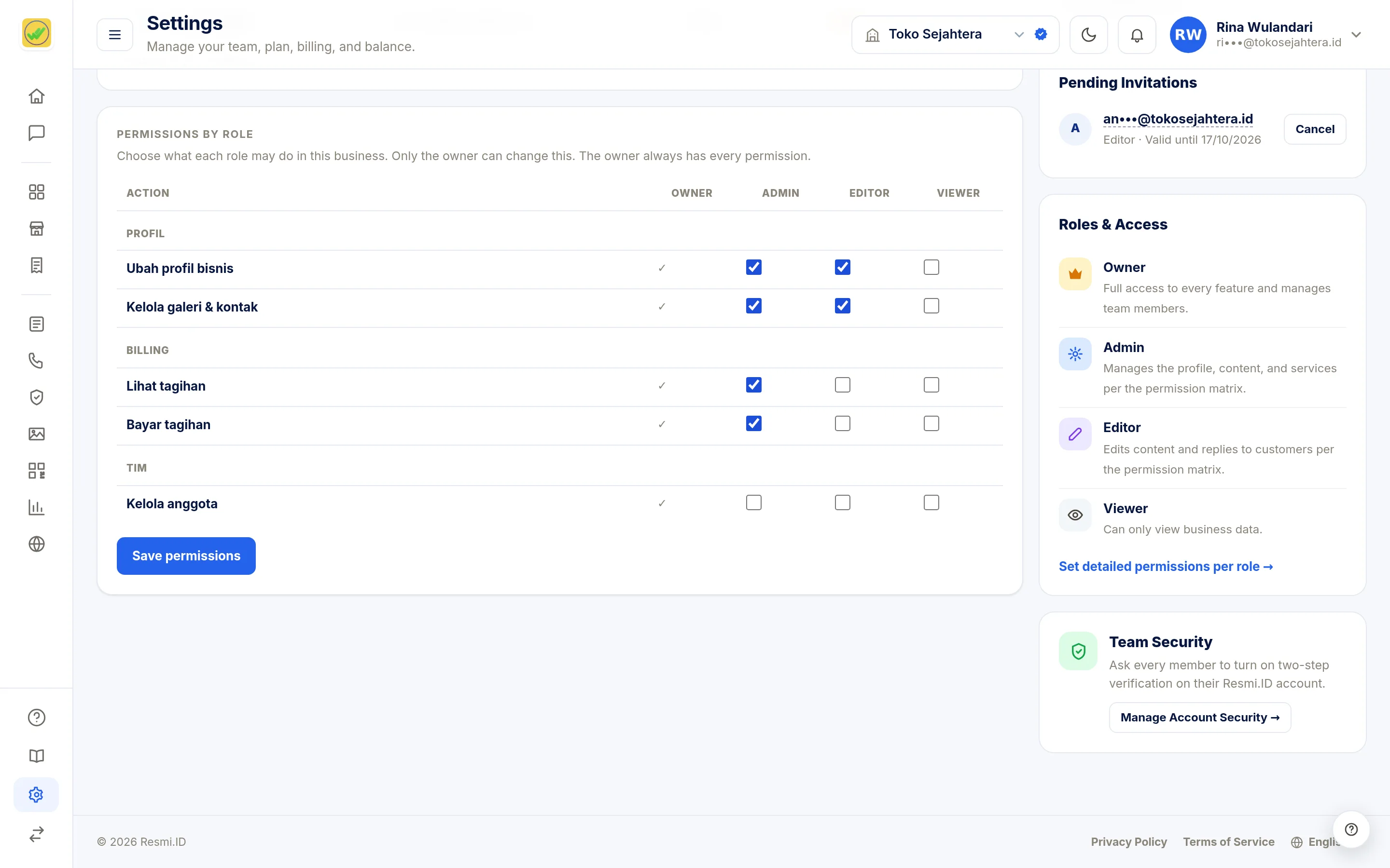 Screenshot of the page Settings: Team & Access — Permissions by role