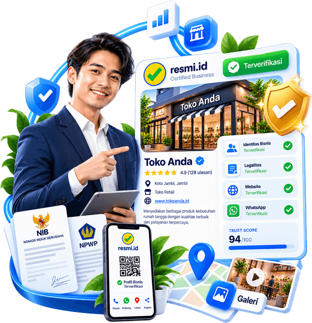Pemilik usaha menunjukkan profil bisnis Toko Anda yang terverifikasi di Resmi.ID, lengkap dgn dokumen NIB dan NPWP, centang terverifikasi pada identitas, legalitas, website dan WhatsApp, trust score 94, serta QR profil di ponsel.