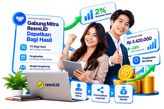 Program Kemitraan Resmi.ID: gabung jadi mitra dan dapatkan 2% bagi hasil dari setiap transaksi, penghasilan berulang setiap bulan, mudah bergabung dan didukung penuh. Dua mitra tersenyum di samping ringkasan total komisi Rp 3.420.000 naik 28% dari bulan lalu, serta alur tiga langkah: Daftar Mitra, Promosikan Layanan, Dapatkan Komisi.